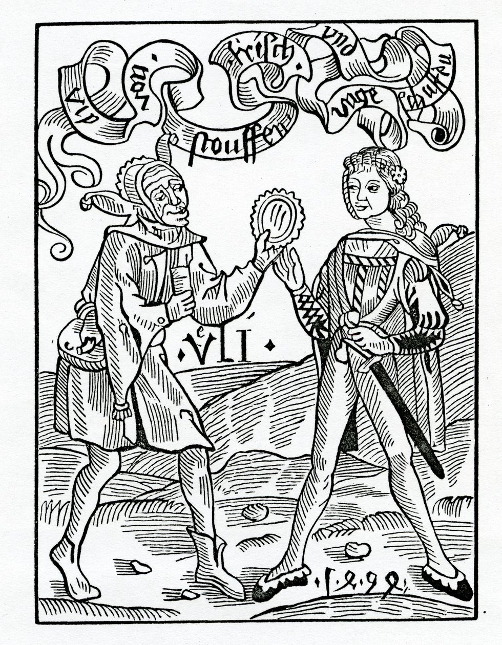Av nye moter og forkledde Garmentes, illustrasjon fra Alexander Barclays engelske oversettelse av 'The Ship of Fools', fra en utgave utgitt i 1874 av German School