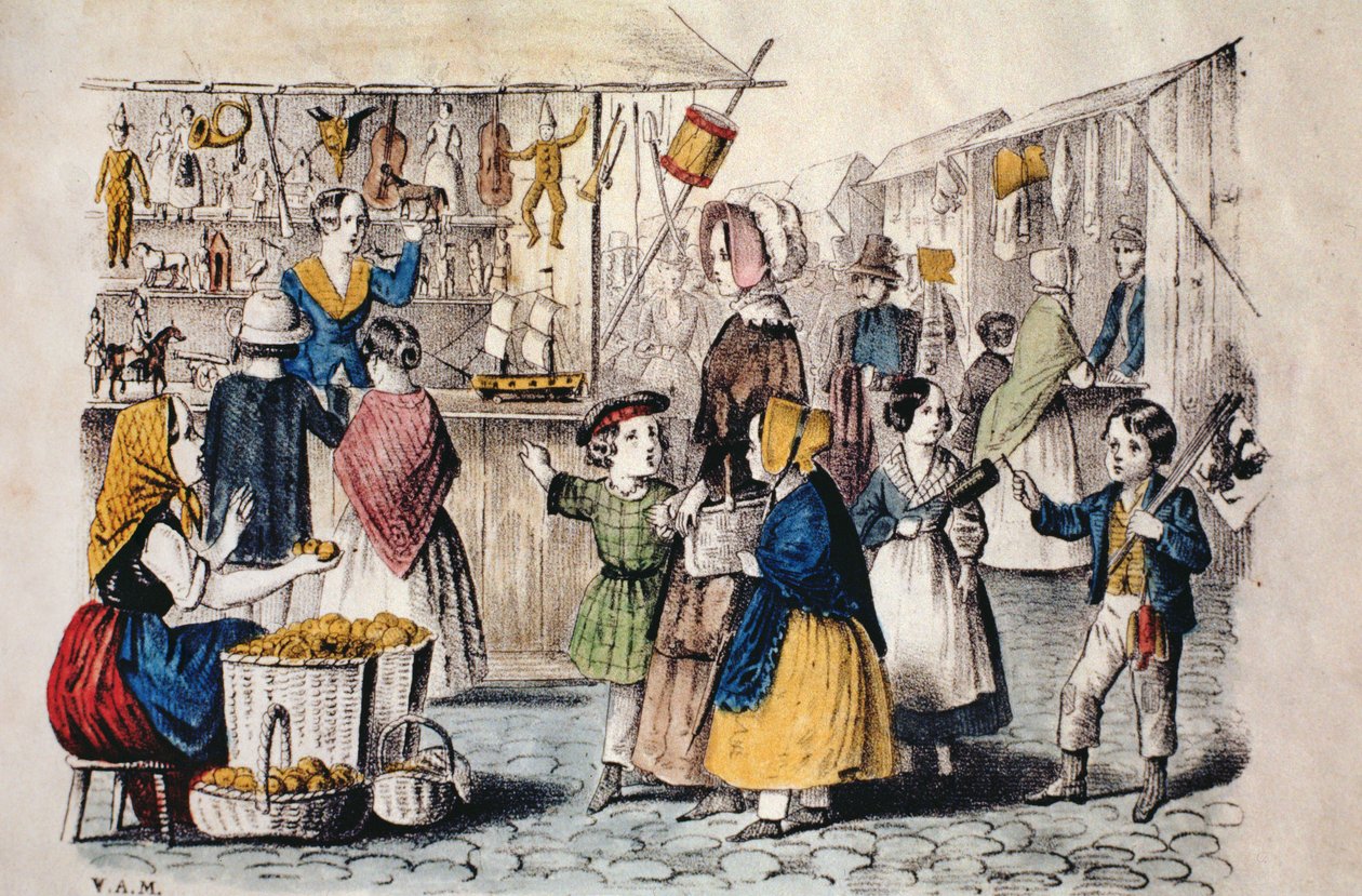 Friluftsmarked i Tyskland, ca. 1860 (fargegravering) av German School