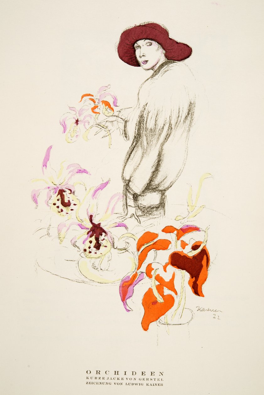 Orchideen, Short Jacket av Gerstel, fra Styl, pub.1922 (pochoir-trykk) av German School