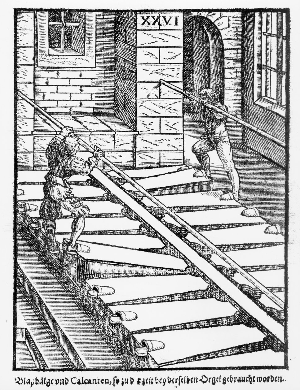 Orgelbelg og blåser i Halberstadt-katedralen, fra Praetorious Syntagma Musicum, pub. i 1619 av German School