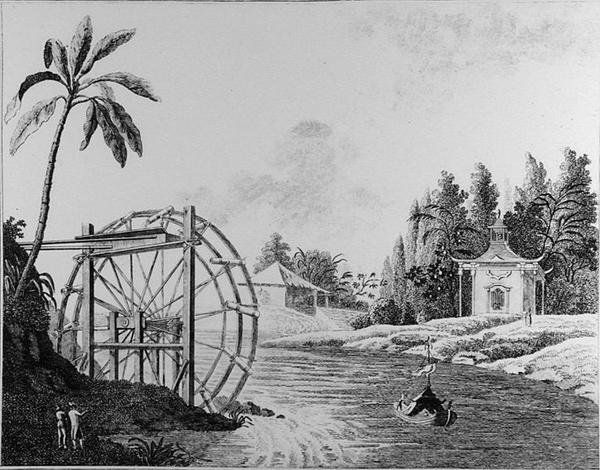 Dekorativt vannhjul med kinesisk paviljong og seilbåt, fra 