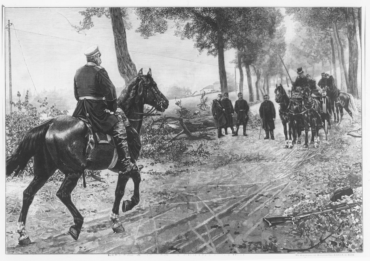 Otto von Bismarck og Napoleon III møtes ved Chaussee Von Donchery 2. september 1870 (gravering) av German School