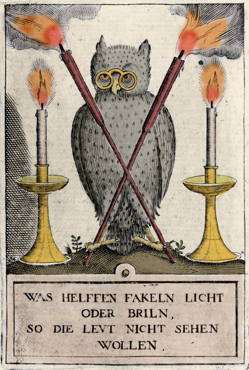 Ugle med briller, symbol på visdom. Gravering av "Amphitheatrum sapientiae aeternae". (Amfiteater for evig visdom) (Hamburg: n.n. av German School