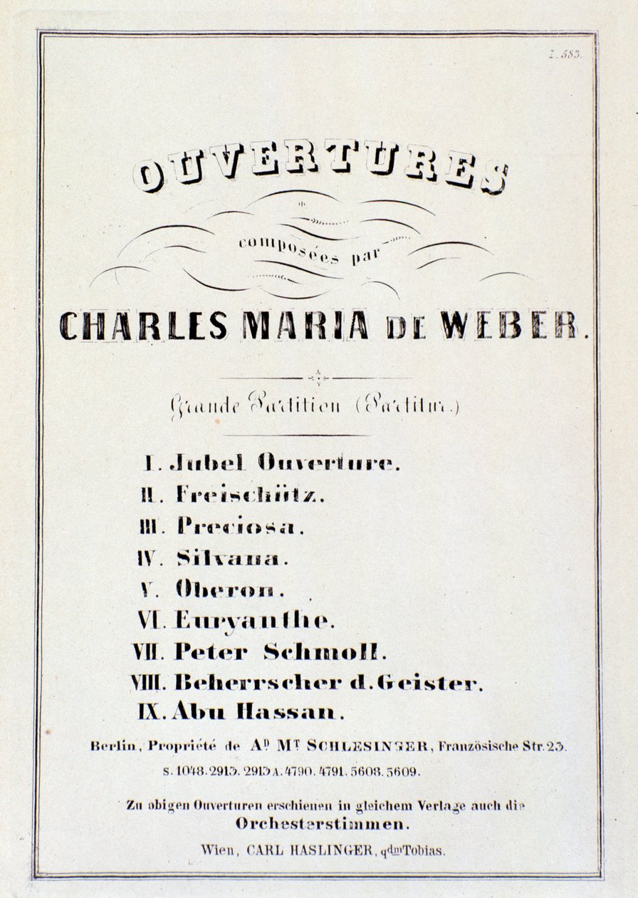 Side med presentasjon av ouverturer fra ulike operaer av Carl Maria von Weber (litho) av German School