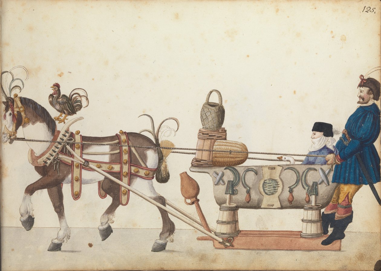 Pageant slede i parade, ca. 1640 (penn og blekk, akvarell og vask) av German School