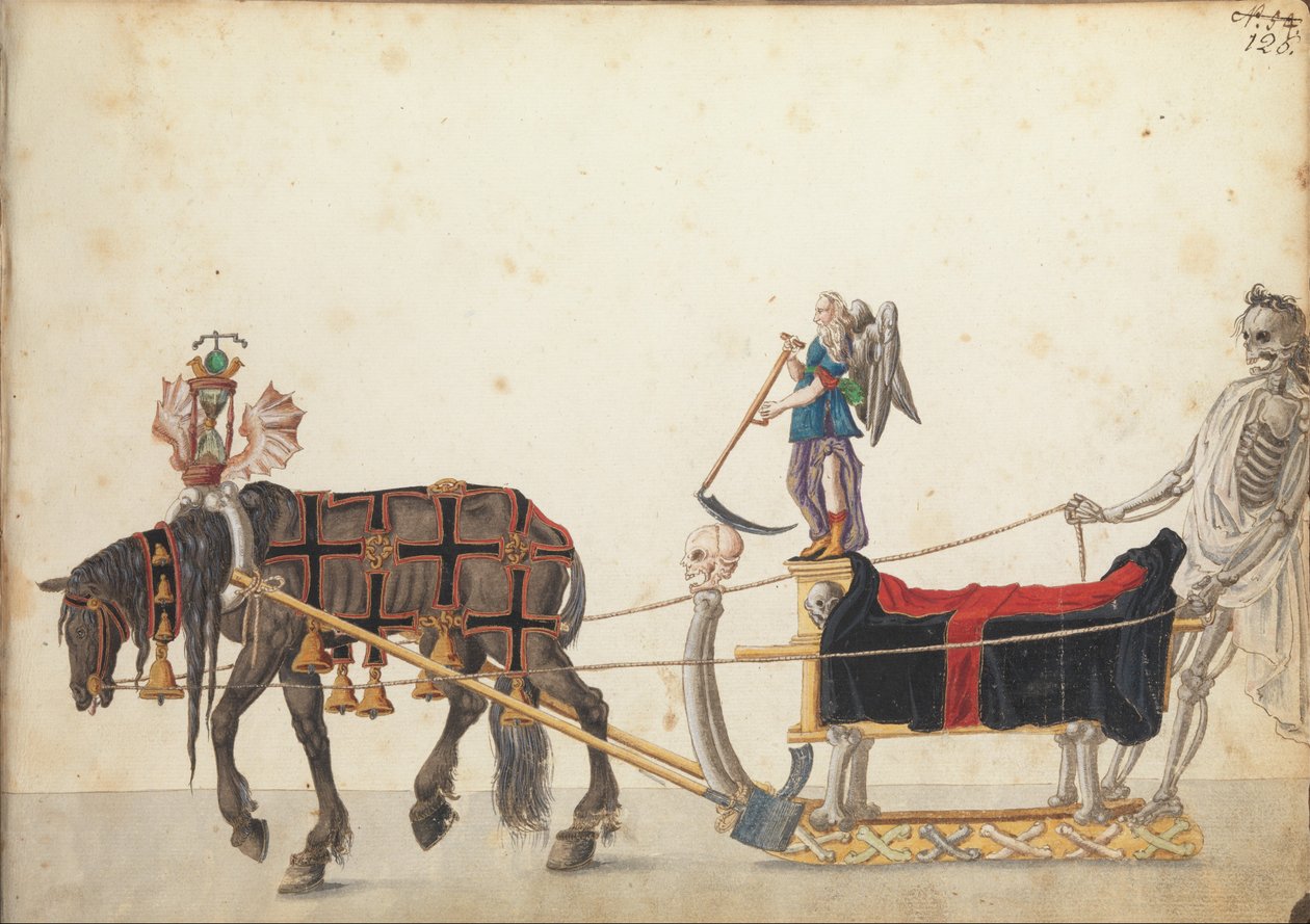 Pageant slede i parade, ca. 1640 (penn og blekk, akvarell og vask) av German School