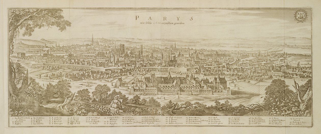 Panoramautsikt over Paris i 1620, fra Topographia Galliae av Martin Zeiller (1589-1661) publisert 1655 av German School