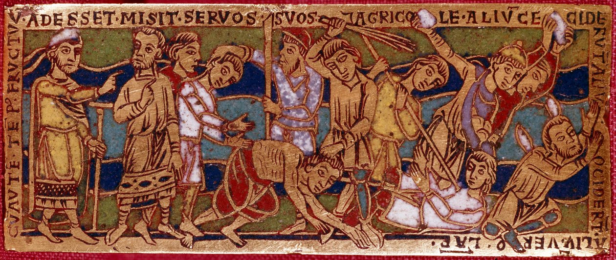 Lignelse om arbeiderne av vintreet eller lignelse om arbeiderne i den ellevte time. Emaljert plate på kobber. Rhenane skole. 1100-tallet. Firenze, Nazionale Museo del Bargello av German School