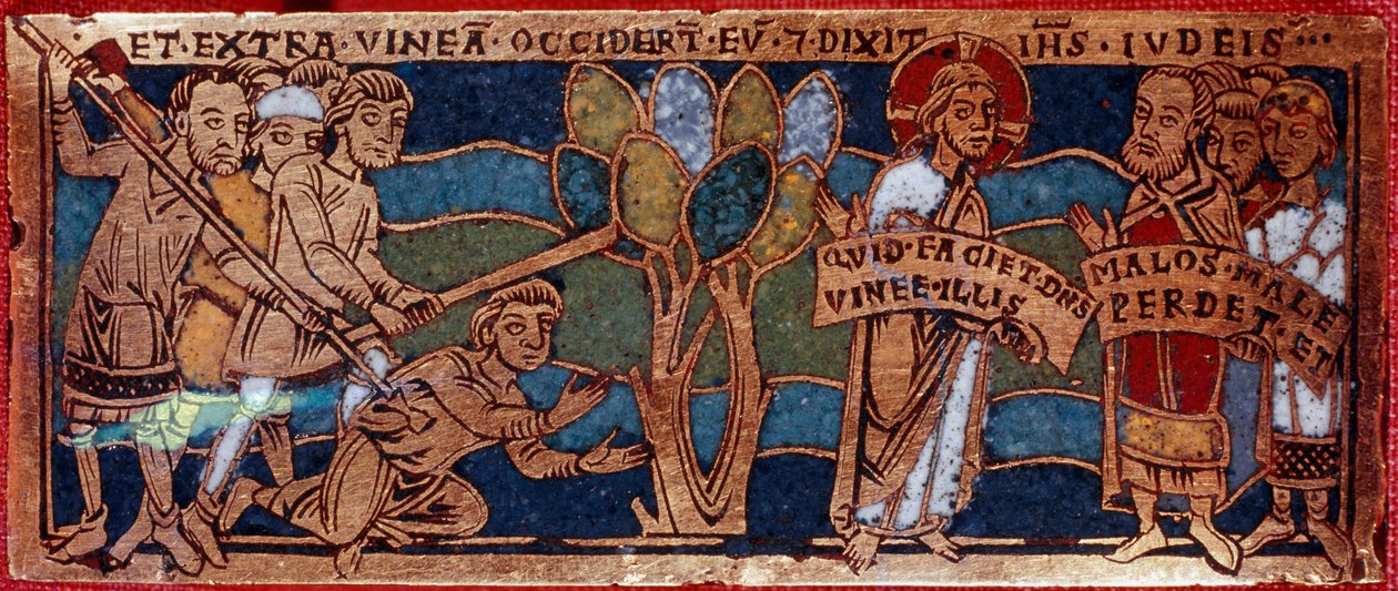 Lignelse om arbeiderne av vintreet eller lignelse om arbeiderne i den ellevte time. Emaljert plate på kobber. Rhenane skole. 1100-tallet. Firenze, Nazionale Museo del Bargello av German School
