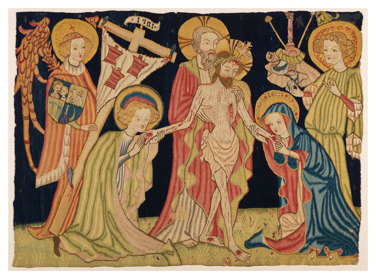 En del av alterets frontteppe som viser Den hellige treenighet, jomfruen, Johannes og to engler, fra Nürnberg, ca. 1420 (ull og lin) av German School