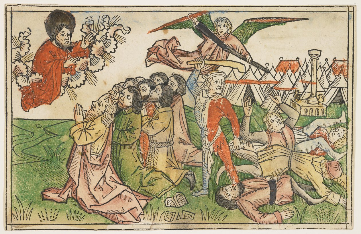 Folk i Israel ble straffet for å tilbe falske guder i rundt 1478, fra The Koberger Bible, Nürnberg, 1483 (håndfarget tresnitt) av German School