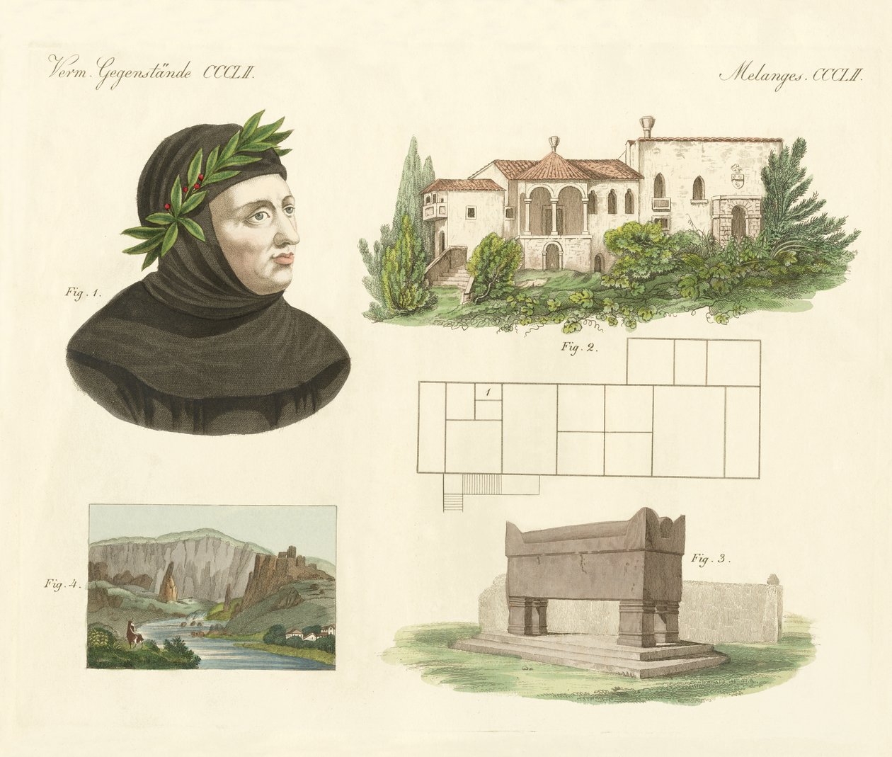 Petrarca, leiligheten hans i Arqua, graven hans sammen med utsikt over Vaucluse (farget gravering) av German School