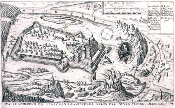Plan over granittfestningen nær New Serinwar i 1664, illustrasjon fra en bok om de osmanske kampanjene i Europa, gravert av Paul Furst (ca. 1605-66) (gravering) av German School