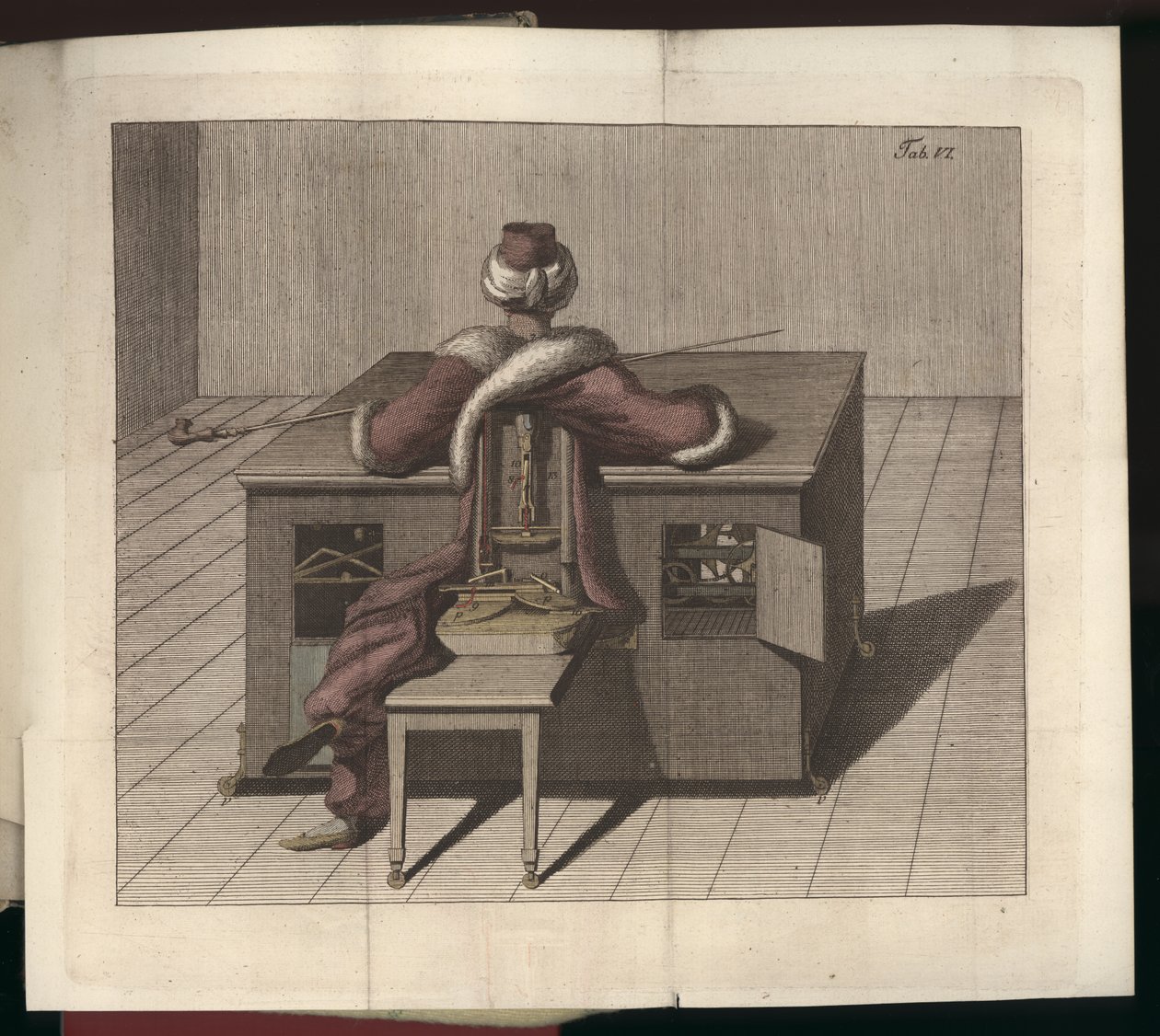 Plate VI, fra Om sjakkspilleren til Herr von Kempelen og hans replika, Leipzig og Dresden: Joh. Gottl. Broadhead, 1789 av German School