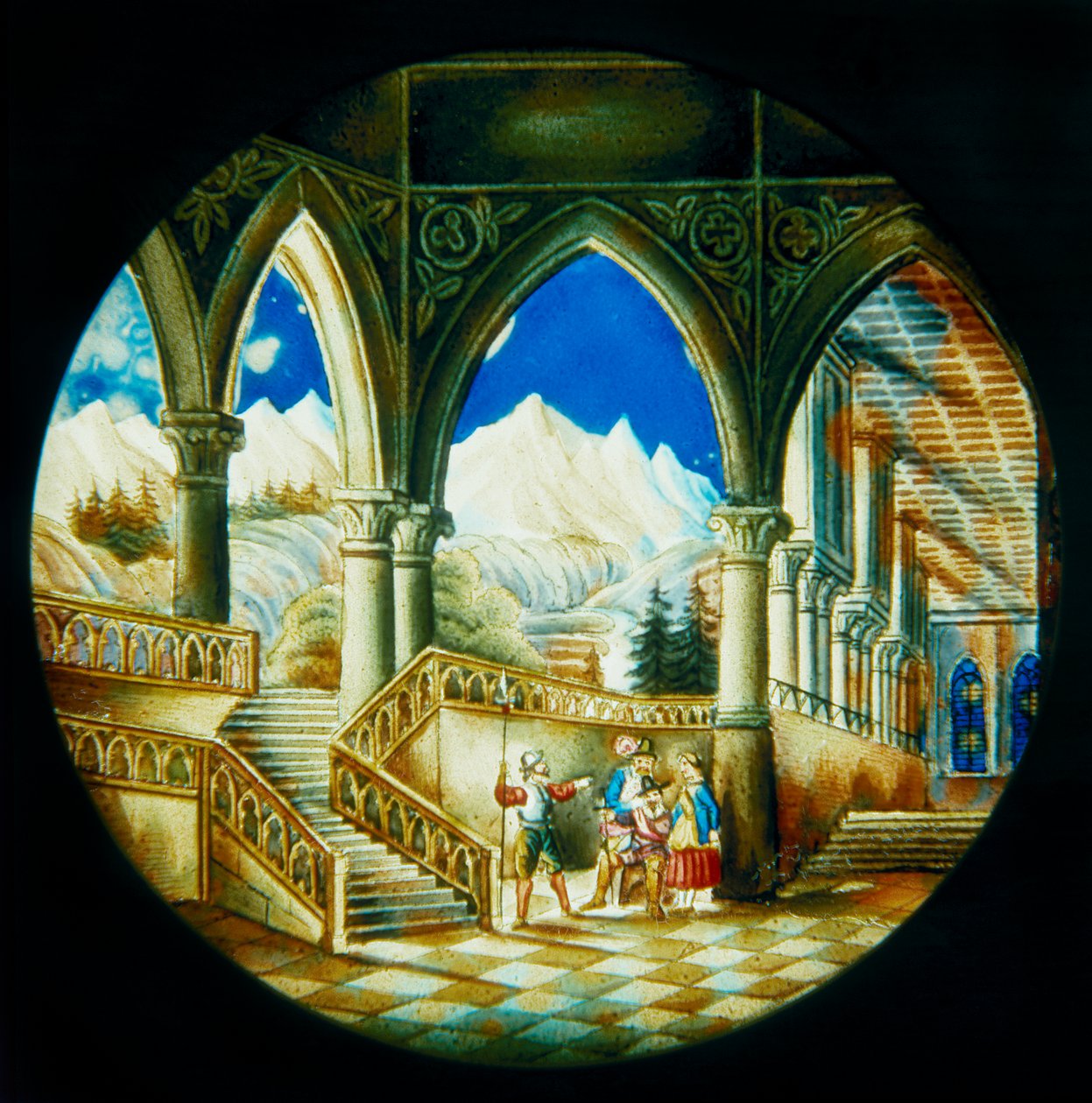 Tallerken malt for hånd, for Magic Lantern laget i Tyskland, som viser en innvendig utsikt over et palass og et landskap, første halvdel av 1800-tallet av German School