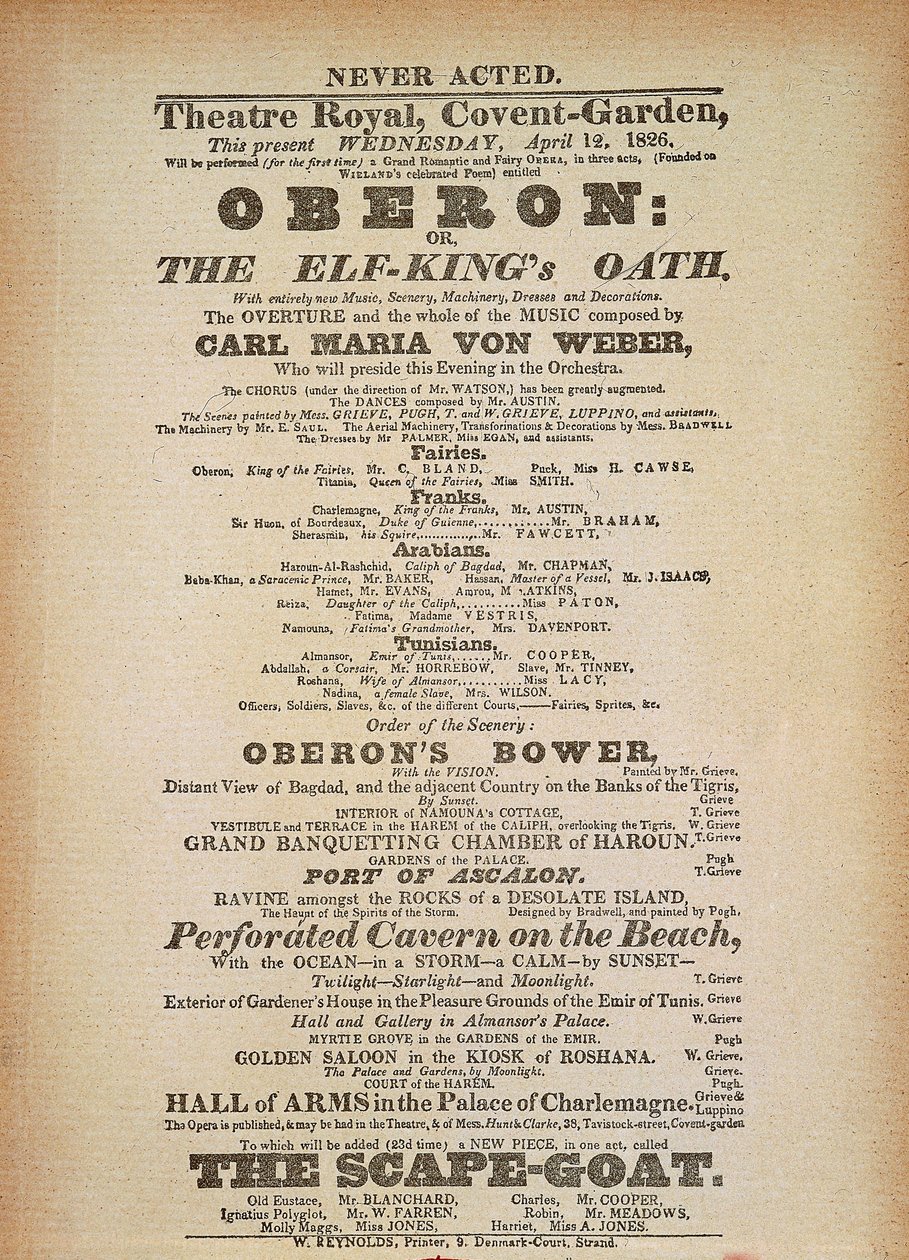 Playbill av den første forestillingen av 'Oberon', av Carl Maria von Weber, i Convent Garden, London, 12. april av German School
