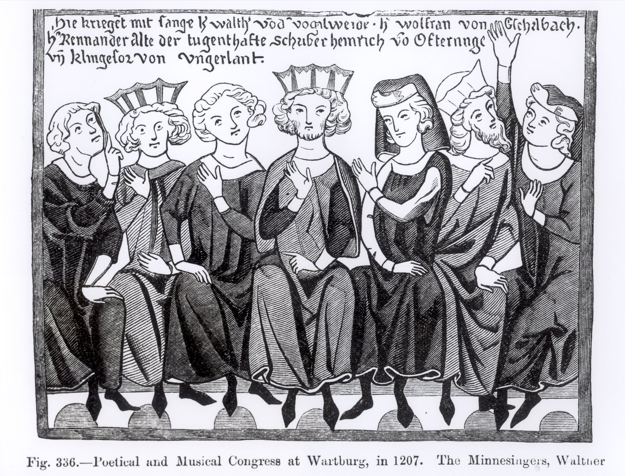 Poetisk og musikalsk kongress, Wartburg, 1207, illustrasjon fra vitenskap og litteratur i middelalderen og renessansen, skrevet og gravert av Paul Lacroix, 1878 av German School