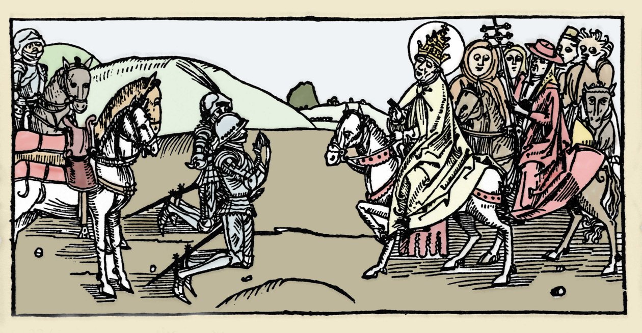 Pave Leon I møter Attila og Arrete - barbariske invasjoner - Gravering fra "Leben der Heiligen - sommerteil" (The Book of the Saint) av Jacobus (James) av Voragine (1228-1298). Lübeck 1488. av German School