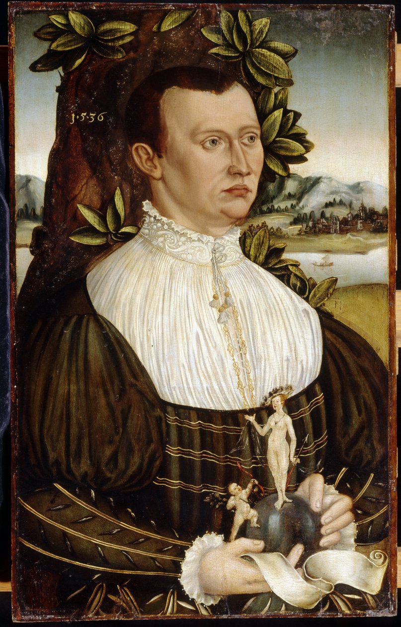 Portrett av en mann (Portrett av en mann). Kledd i et elegant kostyme holder han i hendene et hvitt bånd og en globus som en engel skyter en pil på mot en naken kvinne, utsmykket med et halskjede og en tegnet hatt. Maleri av en tysk mester (aktiv s av German School