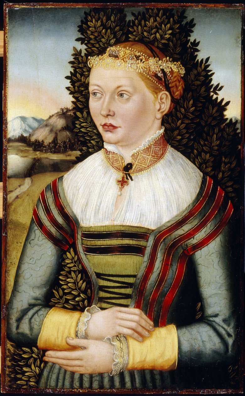 Portrett av en kvinne (Portrett av en kvinne). Maleri av en mester fra Øst-Tyskland (aktivt 1500-tall), olje på tre av German School
