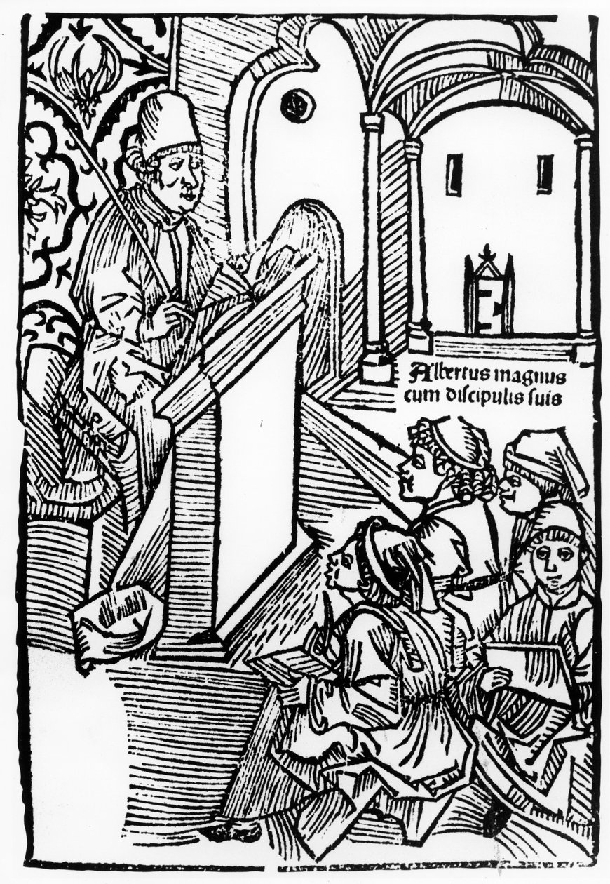 Portrett av Albertus Magnus med noen av hans elever, illustrasjon til tittelsiden til Epitomata, reparasjoner eller hele Aristoteles naturfilosofi. av Gerardus de Harderwyck, utgitt 14 av German School