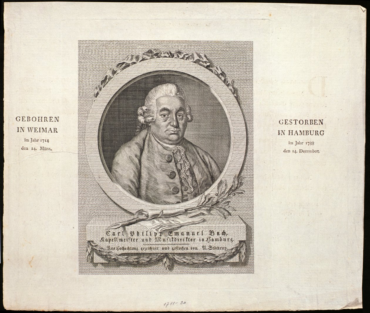Portrett av Carl Philipp Emanuel Bach (1714-88) gravert av C. D. Krohn, 1788 av German School