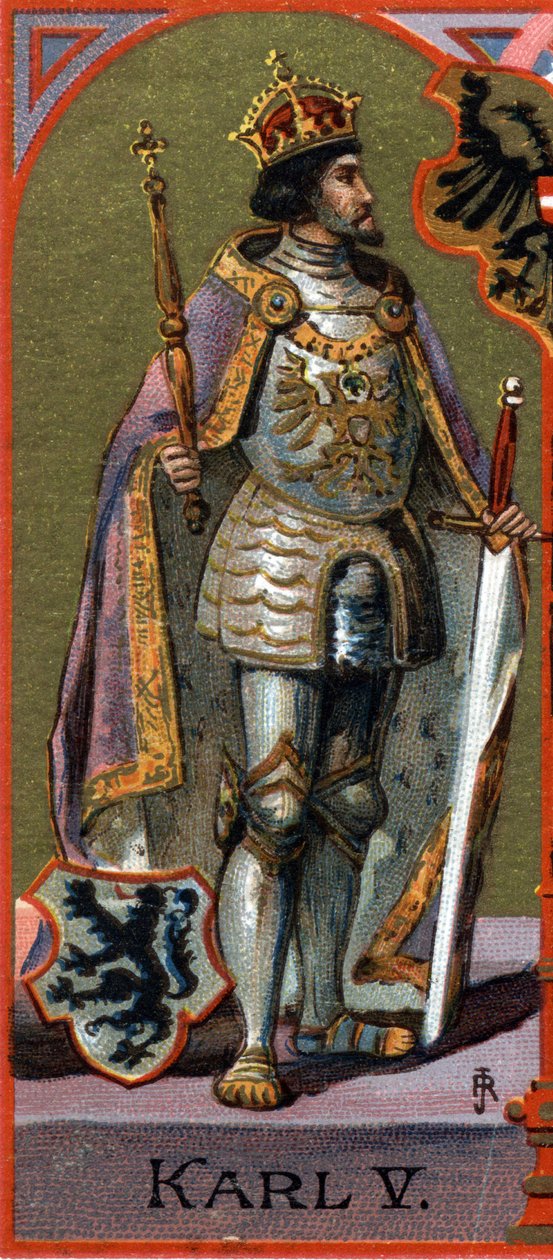 Portrett av Charles V (Charles V) (1500-1558). Kromolitografi av German School