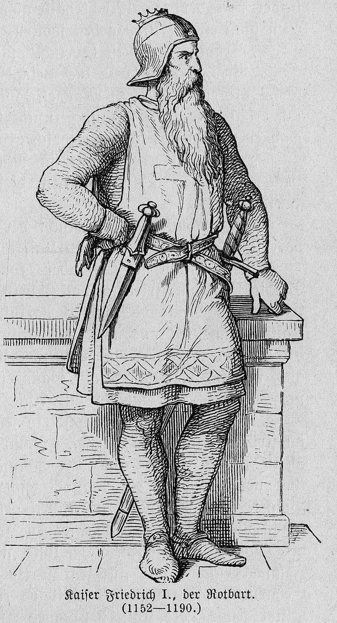 Portrett av Frederic I av Hauhenstaufen kjent som Frederic Barberousse (1122-1190), tysk romersk keiser. Gravering i "" Kaiser, Konig und Papft"" av Richard Roth av German School