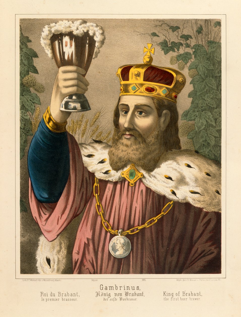 Portrett av Gambrinus, den legendariske kongen av Flandern, billedark utgitt av F.C. Wentzel, Weissenburg, 1870 av German School