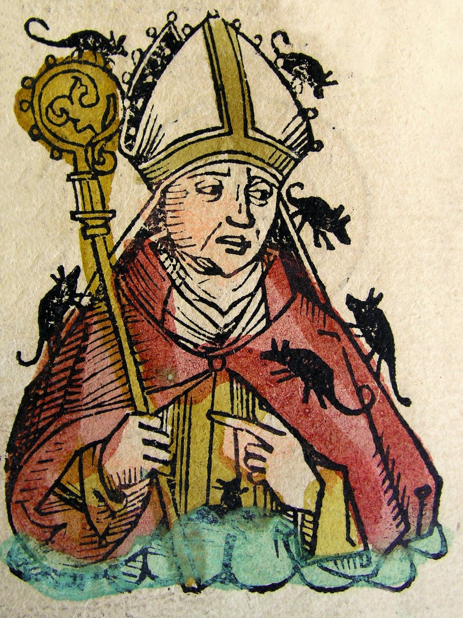 Portrett av Hatto, erkebiskopen av Mainz avbildet å bli spist levende av mus, publisert i Nuremberg Chronicle, 1493 av German School
