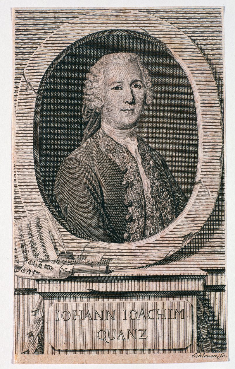 Portrett av Johann Joachim Quantz (1697-1773) gravert av Johann Schleuen (fl.1740-74) av German School