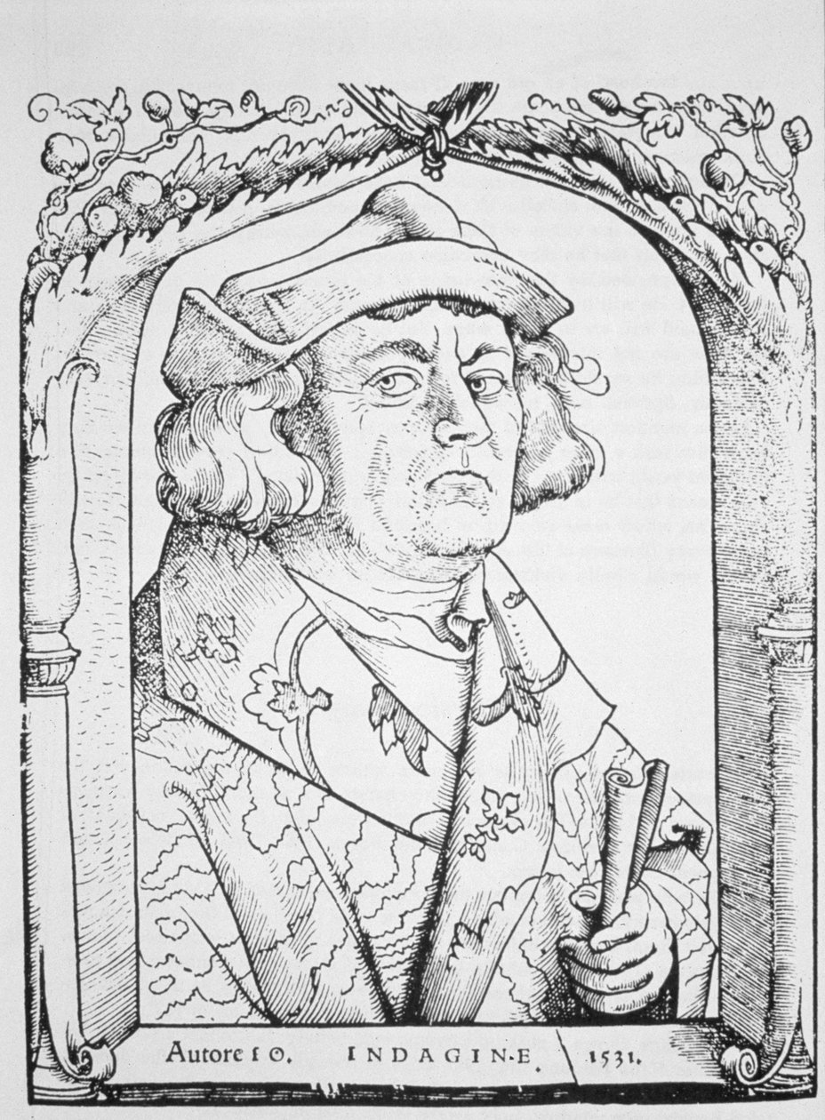 Portrett av John of Indagine, etter Hans Baldung Grien, fra Chiromantia av Ioannes ab Indagine, Strasburg 1531, illustrert i History of Magic, utgitt sent på 1800-tallet av German School