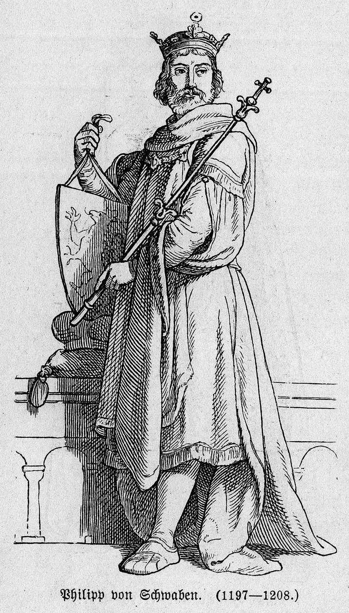 Portrett av Filip I av Swabia gjorde Filip av Hohenstaufen (1176-1208), tysk keiser, konge av romerne og konge av Italia. Gravering i "" Kaiser, Konig und Papft"" av Richard Roth av German School
