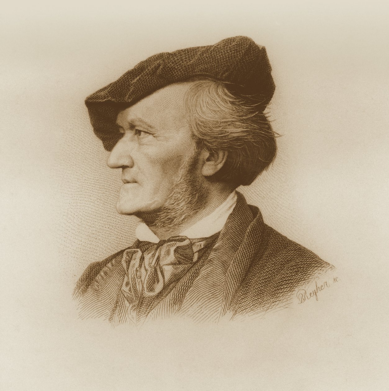 Portrett av Richard Wagner (1813-83) tysk komponist, gravert av Robert Reyher (1838-77) (se også 93368) av German School