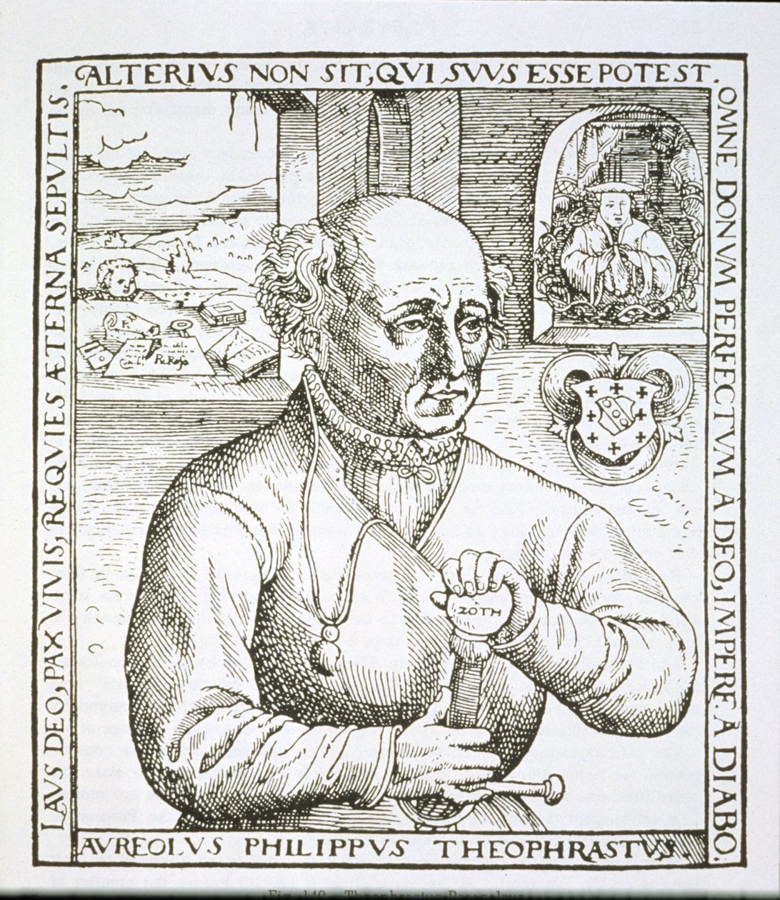 Portrett av Theothrastus Paracelsus (1493-1541), kopi av en illustrasjon fra boken hans Astronomica et Astrologica Pouscula, Köln 1567, brukt i en magihistorie, utgitt sent på 1800-tallet (woodc av German School