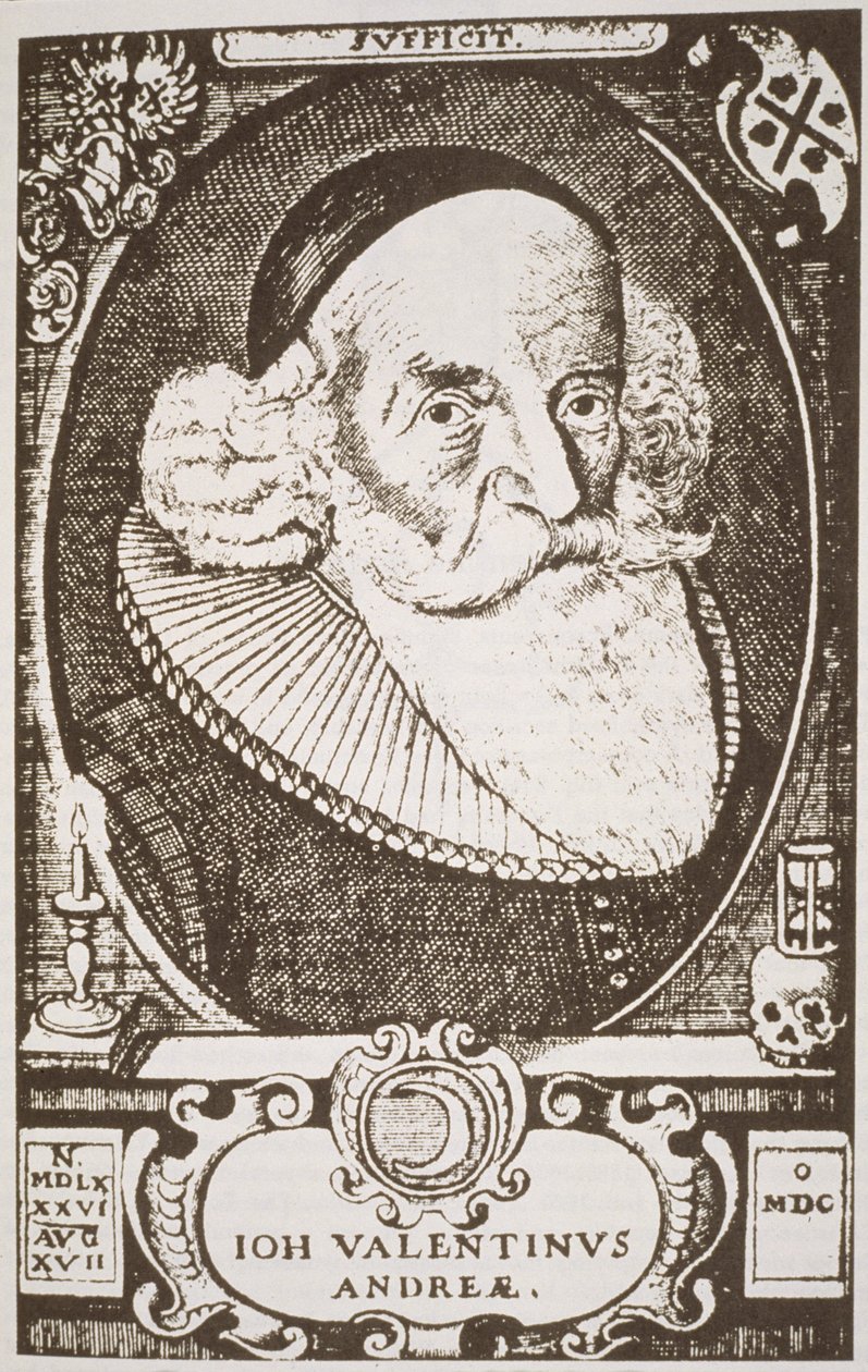 Portrett av Valentine Andreae (1568-1643), kopi av en tysk gravering illustrert i History of Magic, utgitt sent på 1800-tallet av German School