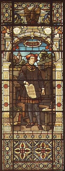 Portrett av William Caxton (ca. 1422-91) laget av Mayer og Co., München-basert firma aktiv i London, ca. 1880 (glassmaleri) av German School