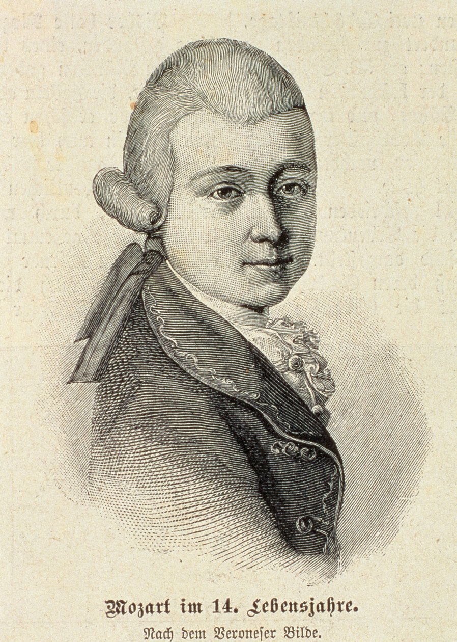 Portrett av Wolfgang Amadeus Mozart (1756-91) av German School