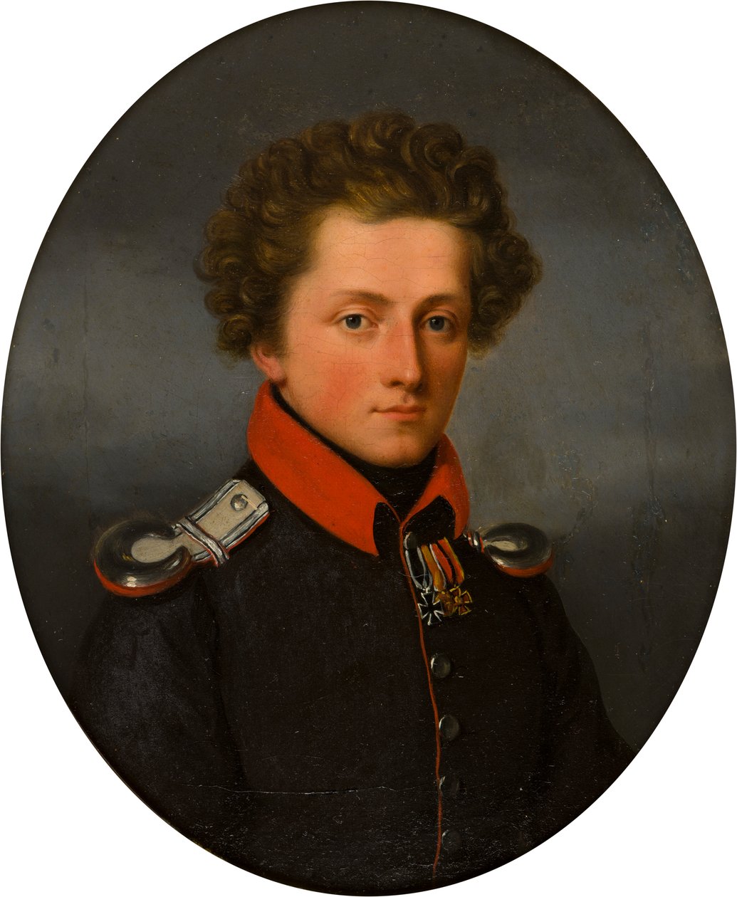 Portrait of a Young Officer, c.1801-99 (oil on canvas)   1376662   no       norwegian Successfully Translated  Original: Nature morte en rose. (sur un coin de table, devant des gravures, un verre deau, une branche de pommier, des prunes et des tomates). Pe av German School
