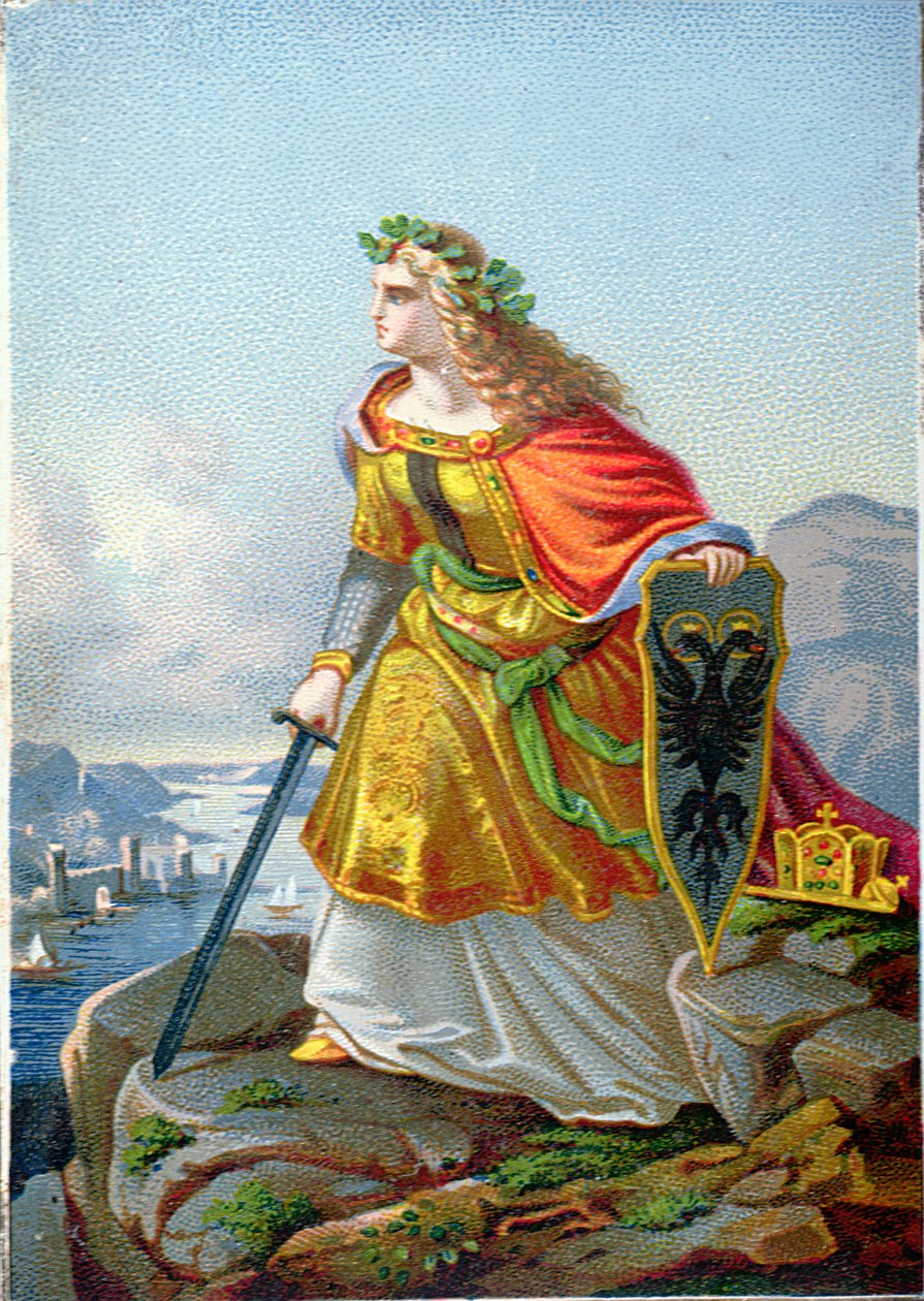 Postkort som viser Germania og Rhinen, ca. 1860 av German School