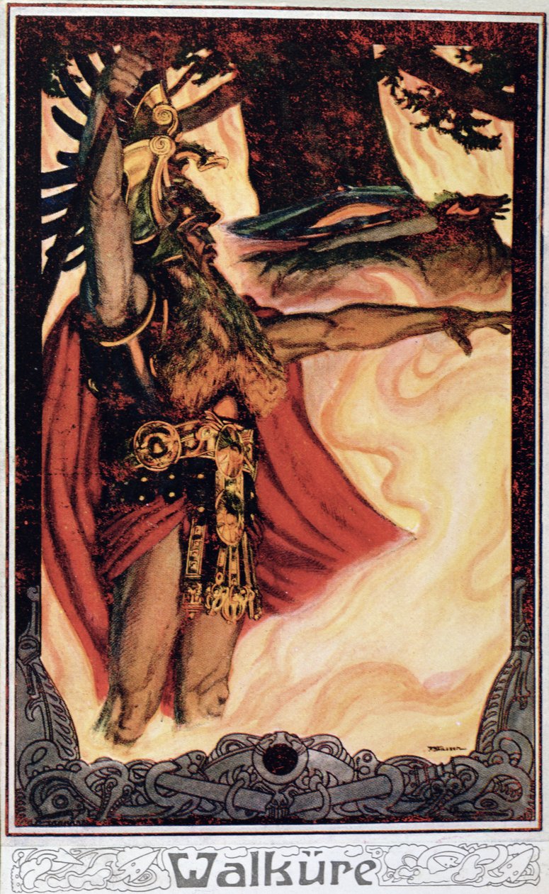 Postkort som viser Odin Calling Up the Fire, 1914 av German School