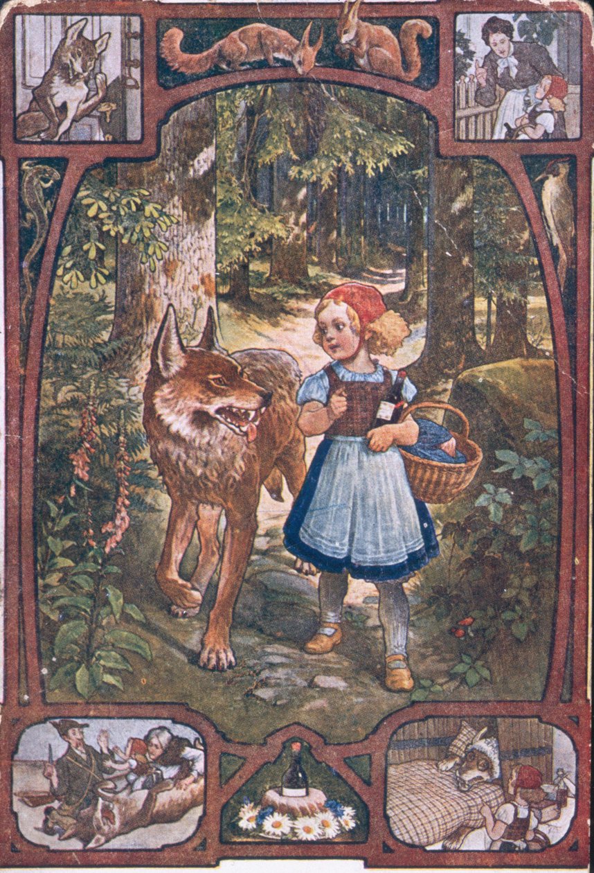 Postkort som viser scener fra Rødhette, ca. 1910 av German School