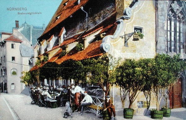 Postkort som viser Bratwurstglocklein-restauranten i Nürnberg, før 1914 (farget bilde) av German School