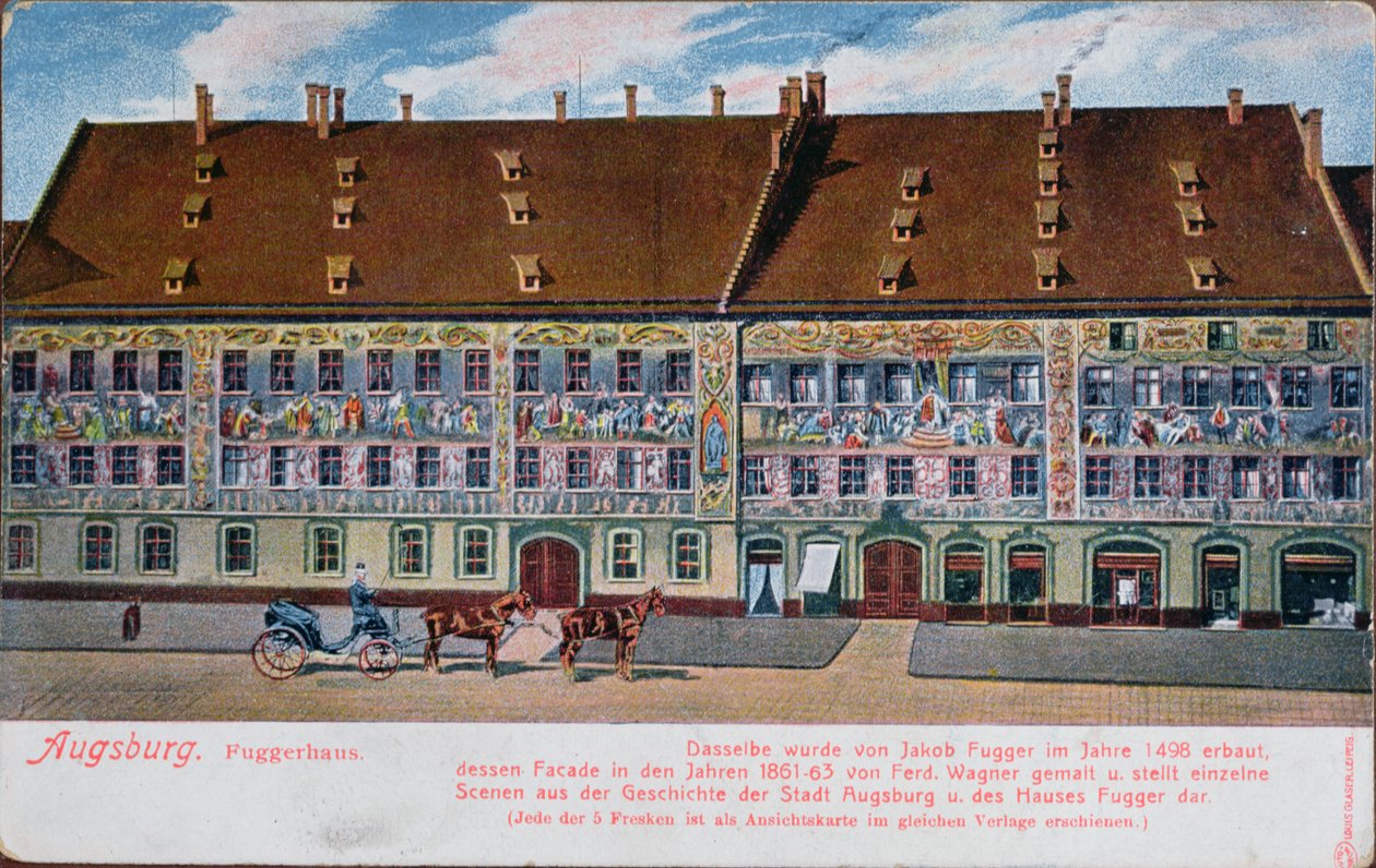 Postkort som viser Fuggerhaus, Augsburg av German School