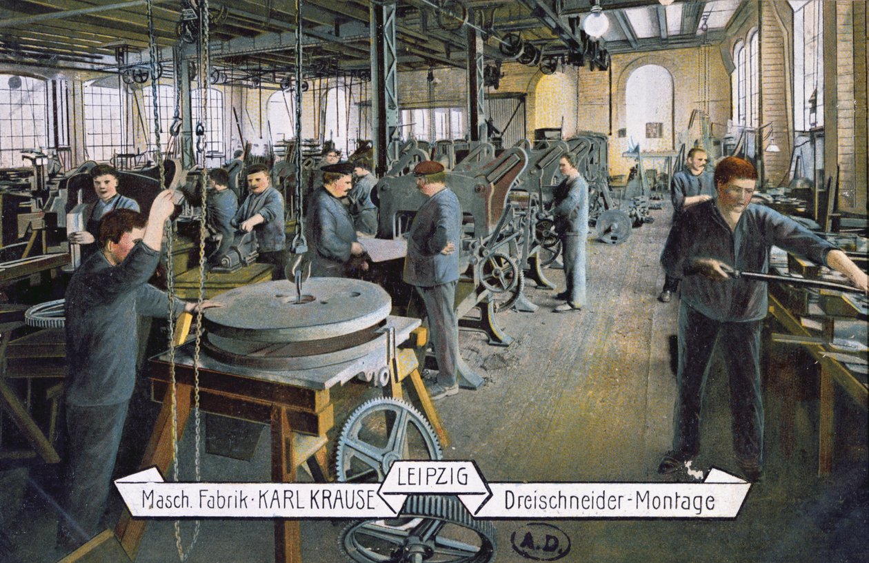 Postkort som viser Karl Krause-fabrikken i Leipzig, ca. 1905 (farget foto) av German School