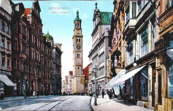 Postkort som viser Karolinenstrasse i Augsburg, ca. 1910 (farget bilde) av German School