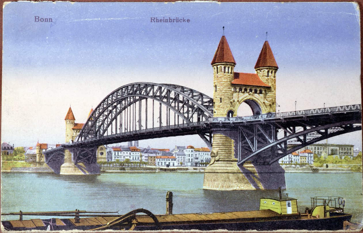 Postkort som viser broen over Rhinen ved Bonn, ca. 1900 (farget bilde) av German School