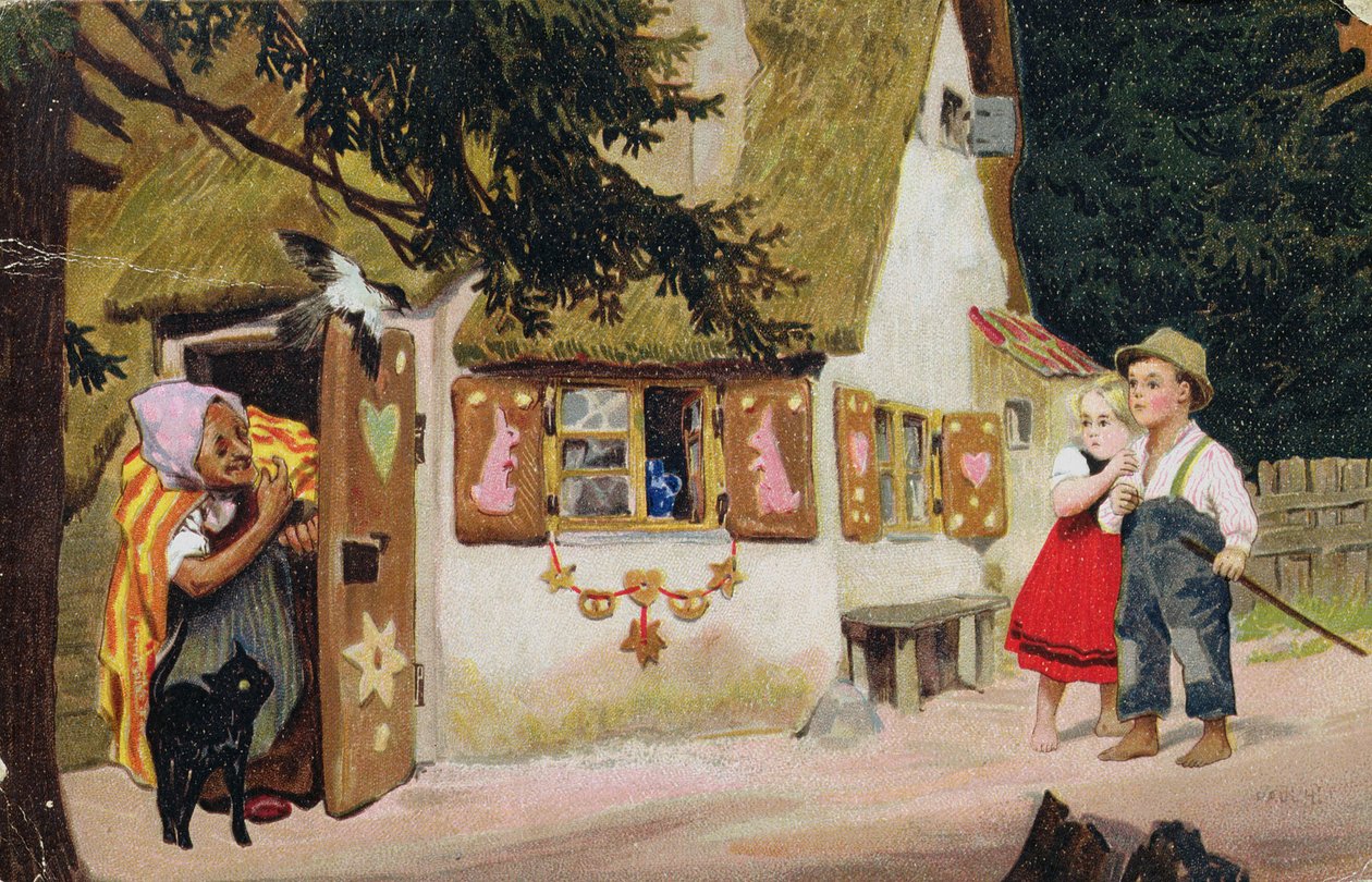 Postkort som viser heksen som inviterer Hans og Grete til å gå inn i pepperkakehuset, ca. 1910 av German School