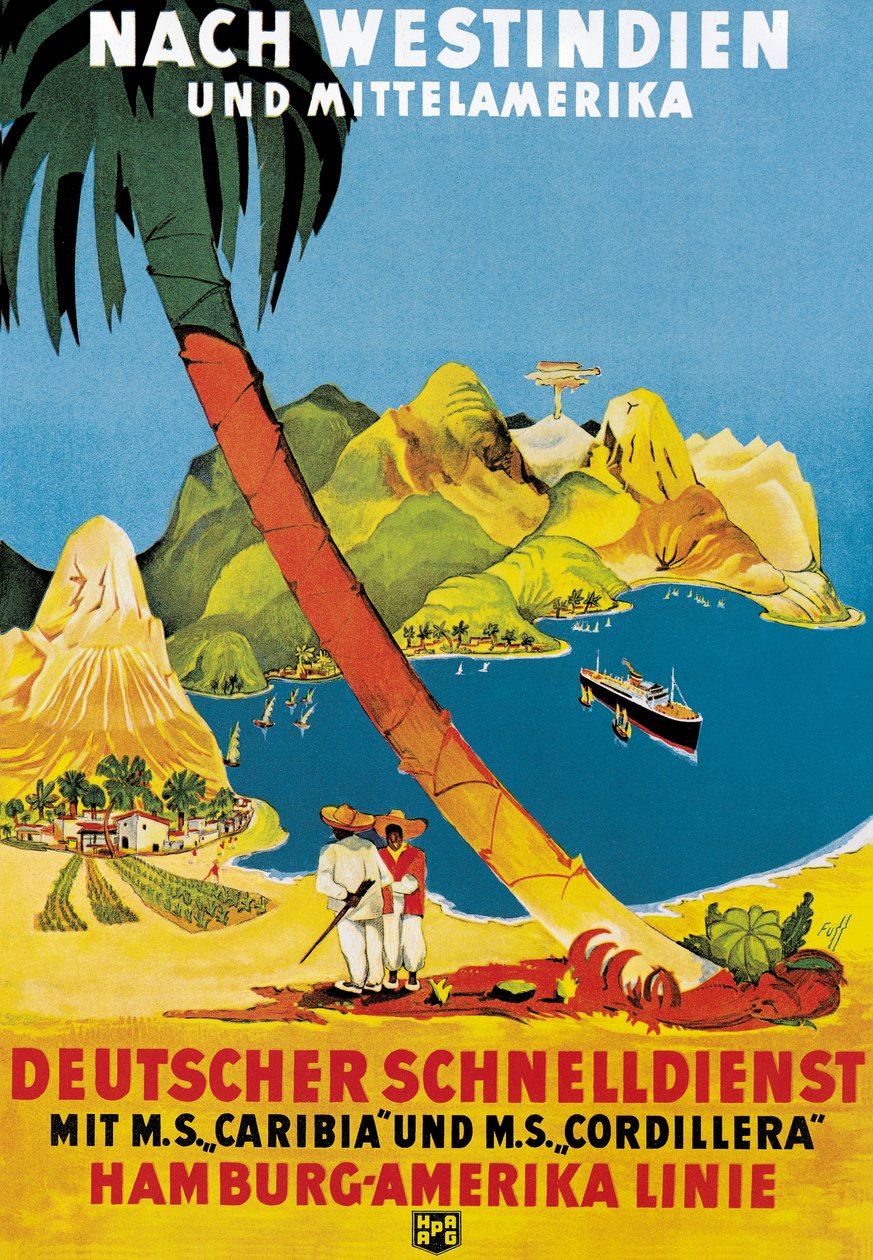 Plakat som annonserer Hamburg-Amerika Linie-ruter til Vestindia og Mellom-Amerika av German School