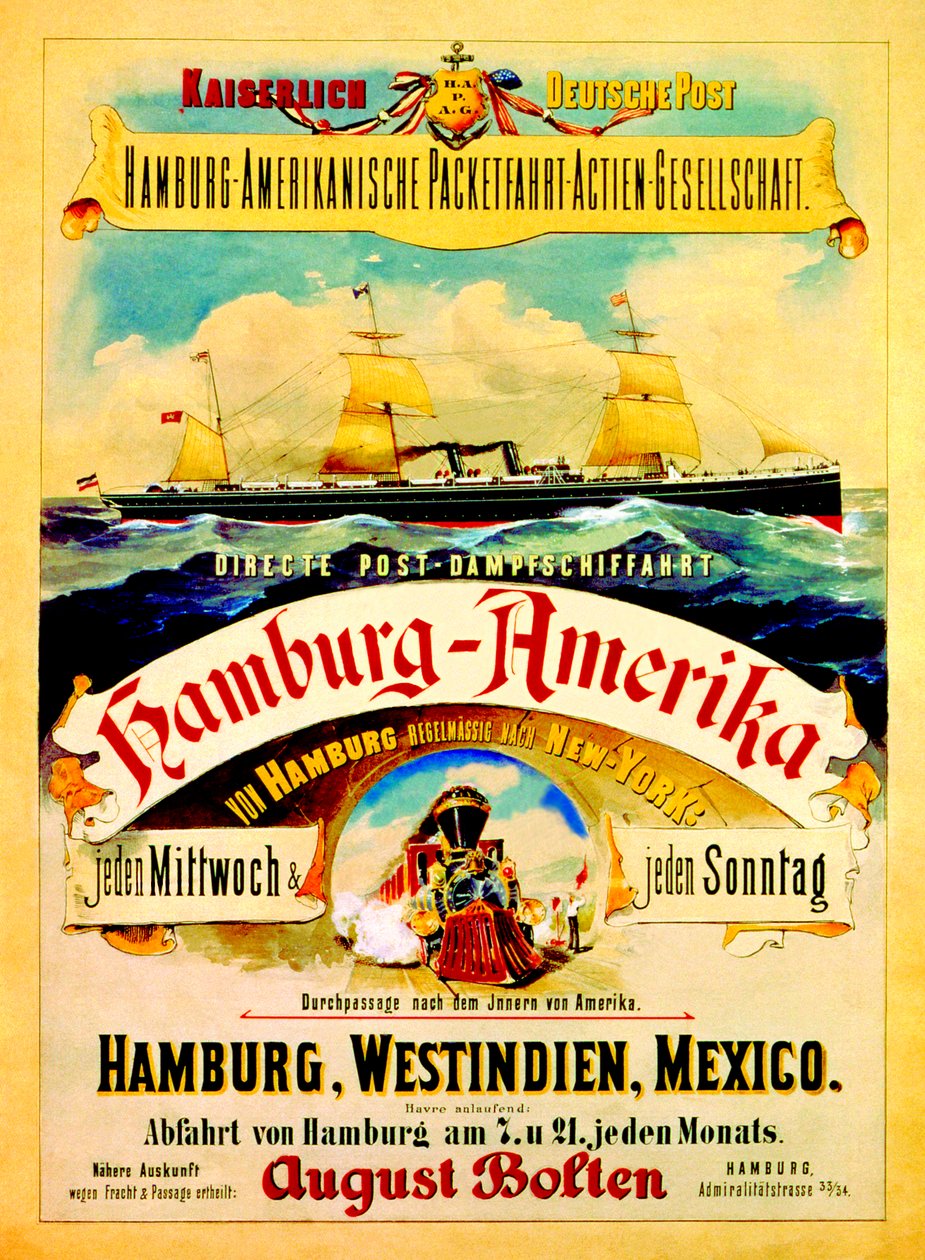 Plakat som reklamerer for Hamburg American Line, 1883 av German School